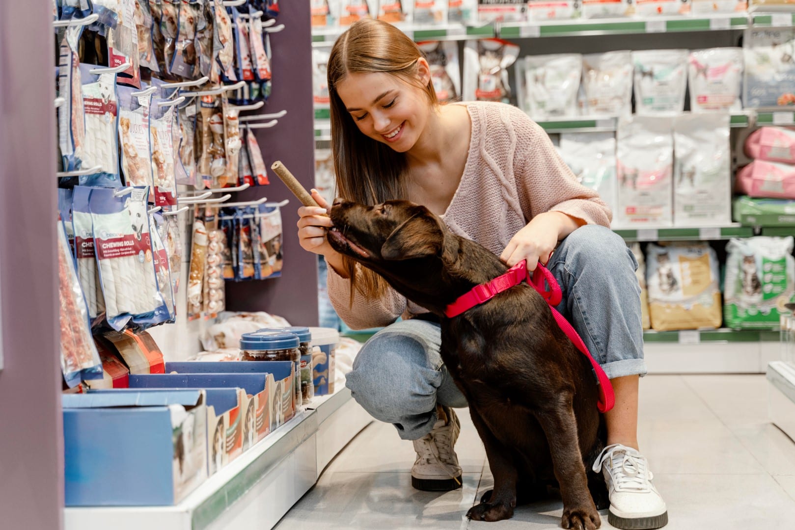 A person is kneeling in a pet store, smiling, holding out a treat to a happy-looking dog on a red leash amongst aisles of pet products.